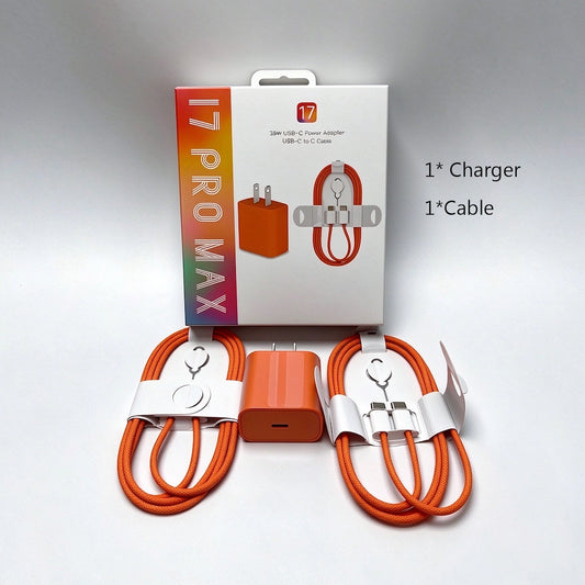 US plug 35W USB‑C charger kit, orange braided usb‑c‑to‑c cable with retail color box
