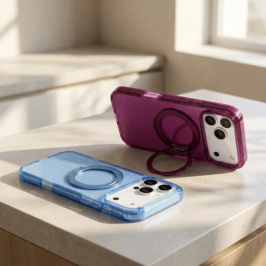 Blue and magenta glitter phone case with unfolded metal kickstand placed on indoor countertop