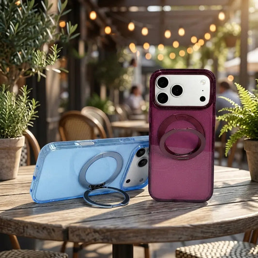 Glitter blue and wine‑red transparent magnetic ring holder phone case for iPhone 16 17 Pro‑Max, placed on outdoor wooden table