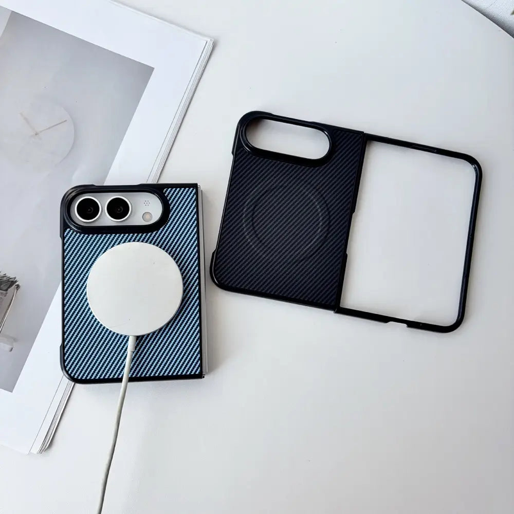 Carbon fiber texture magnetic protective case compatible with iPhone 18 Fold, demonstrates magnetic wireless charging function