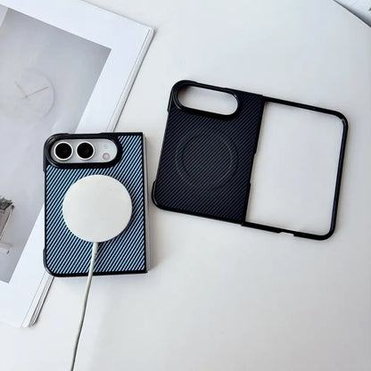 Carbon fiber texture magnetic protective case compatible with iPhone 18 Fold, demonstrates magnetic wireless charging function