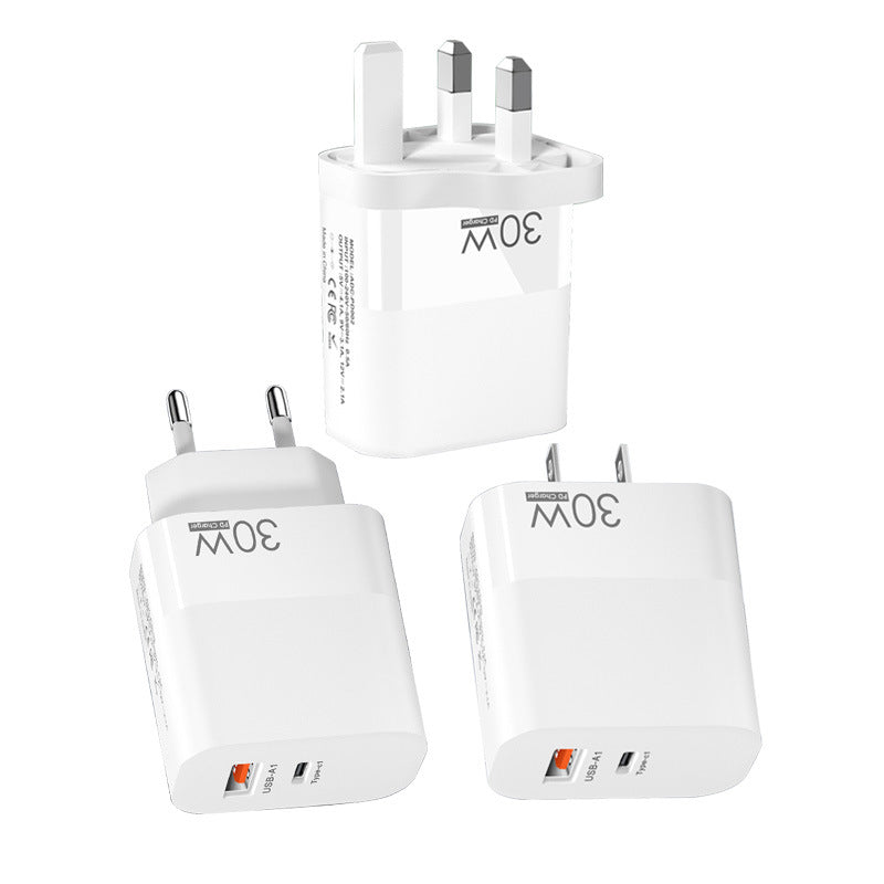 30W Dual Port Travel Charger Block USB-C PD + USB-A Quick Charge, Portable Wall Charger with EU US UK Plug Options