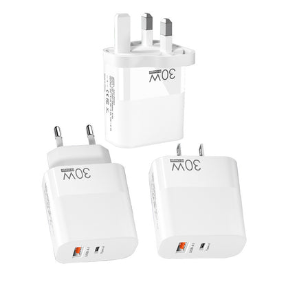 30W Dual Port Travel Charger Block USB-C PD + USB-A Quick Charge, Portable Wall Charger with EU US UK Plug Options