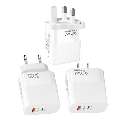 30W Dual Port Travel Charger Block USB-C PD + USB-A Quick Charge, Portable Wall Charger with EU US UK Plug Options