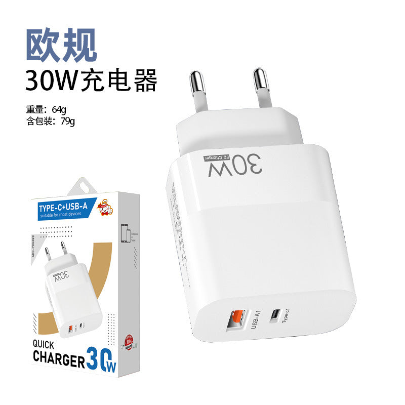 30W Dual Port Travel Charger Block USB-C PD + USB-A Quick Charge, Portable Wall Charger with EU US UK Plug Options