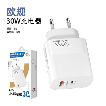 30W Dual Port Travel Charger Block USB-C PD + USB-A Quick Charge, Portable Wall Charger with EU US UK Plug Options