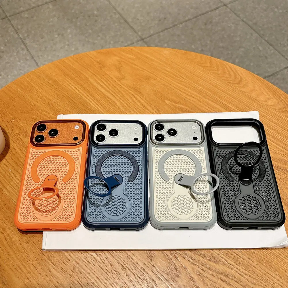 4‑pack breathable textured Phone cases with retractable magnetic kickstand on round wooden‑tabletop