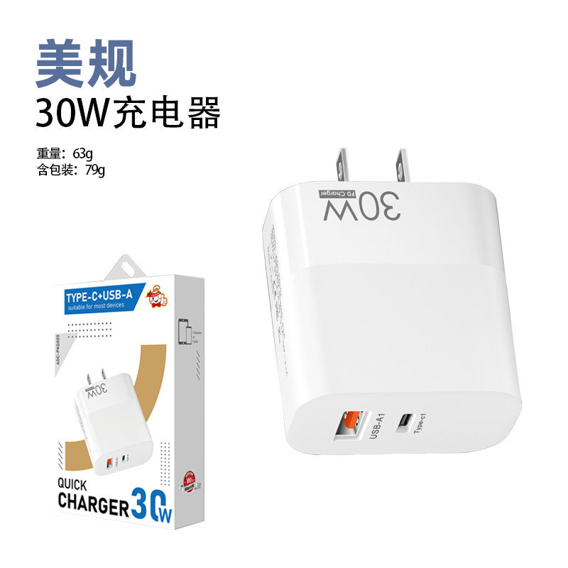 30W Dual Port Travel Charger Block USB-C PD + USB-A Quick Charge, Portable Wall Charger with EU US UK Plug Options