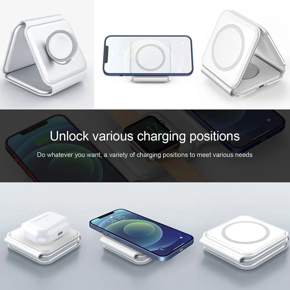 Multiple usage modes of folding wireless charging station, adjustable stand holder for smartphone, compact folded storage form
