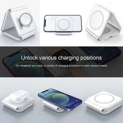 Multiple usage modes of folding wireless charging station, adjustable stand holder for smartphone, compact folded storage form