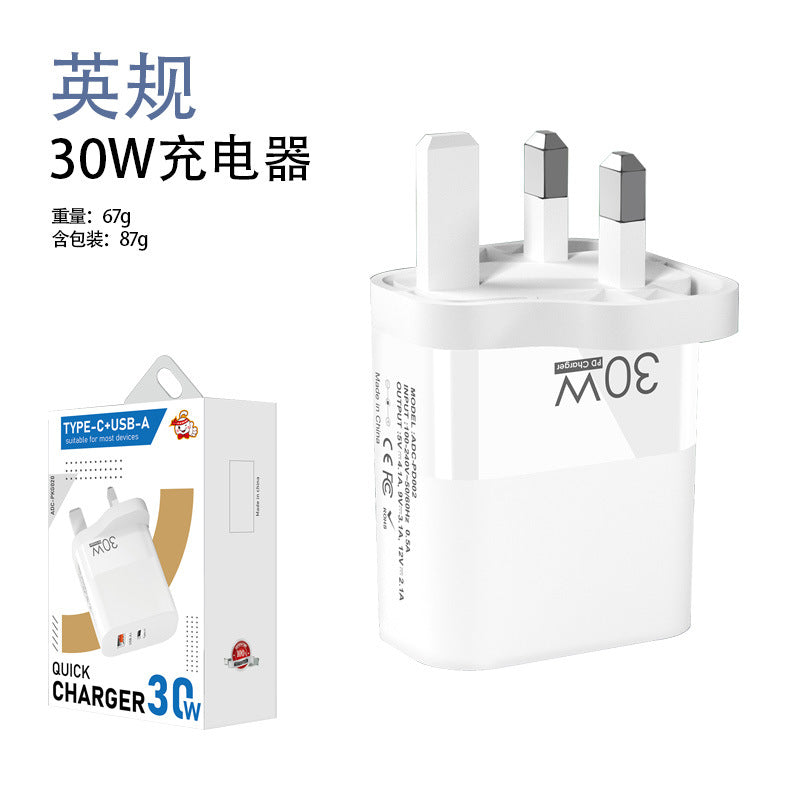 30W Dual Port Travel Charger Block USB-C PD + USB-A Quick Charge, Portable Wall Charger with EU US UK Plug Options