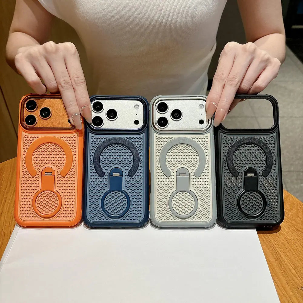 Four‑color assortment honeycomb magnetic ring phone case, orange, blue, beige and black 