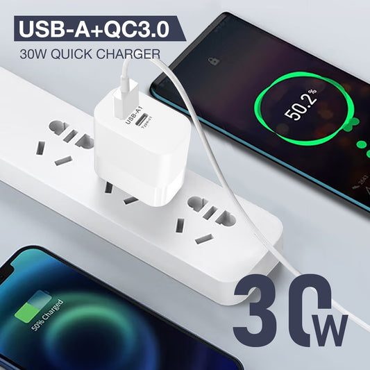 30W Dual Port Travel Charger Block USB-C PD + USB-A Quick Charge, Portable Wall Charger with EU US UK Plug Options