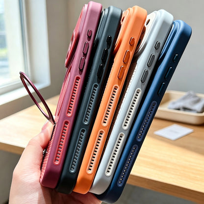 Side profile view of multi-color vented TPU phone cases with independent press buttons