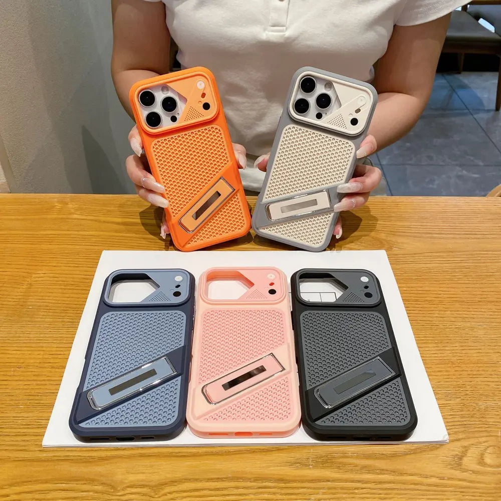 Five breathable mesh Compatible With iPhone cases displayed together, built-in adjustable stand, shockproof camera bezel, slim non-slip hard case in orange cream blue pink black
