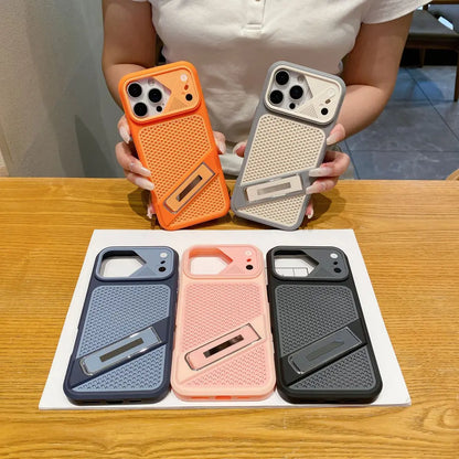 Five breathable mesh Compatible With iPhone cases displayed together, built-in adjustable stand, shockproof camera bezel, slim non-slip hard case in orange cream blue pink black
