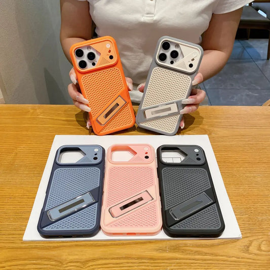 Five breathable mesh Compatible With iPhone cases displayed together, built-in adjustable stand, shockproof camera bezel, slim non-slip hard case in orange cream blue pink black