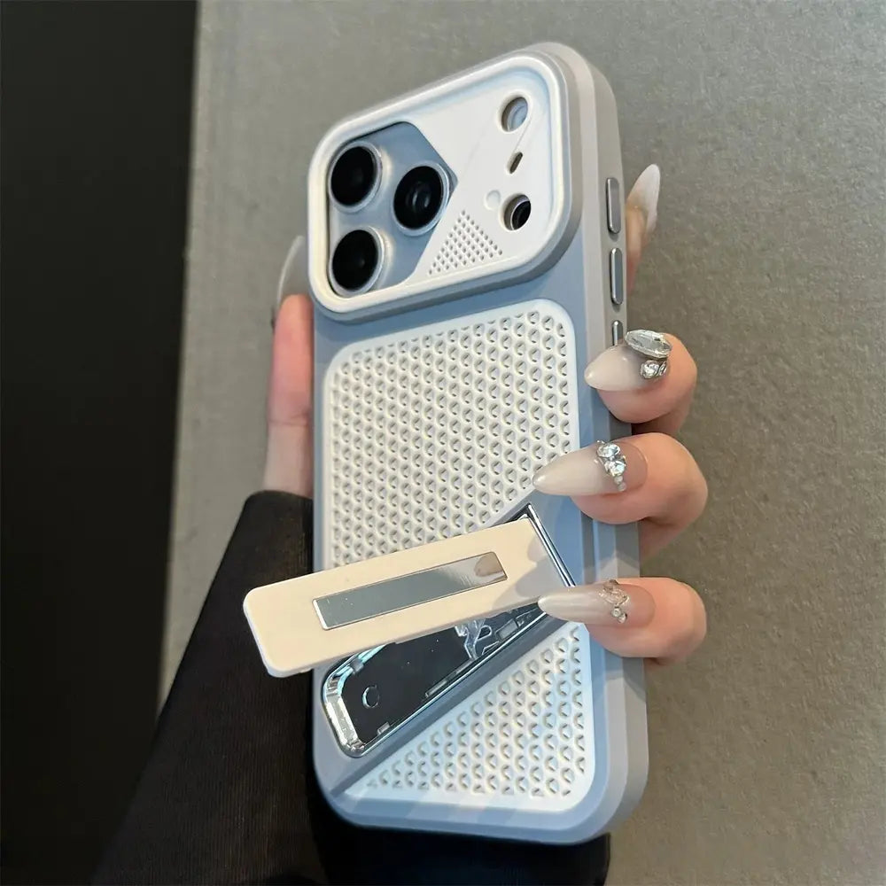 Close-up of mesh Phone case camera bezel and stand, raised lens protection, matte gray frame, clean daily use design