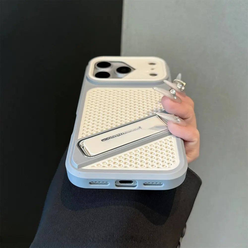Back detail of breathable mesh Phone case, perforated non-slip texture, embedded stand, slim matte hard case