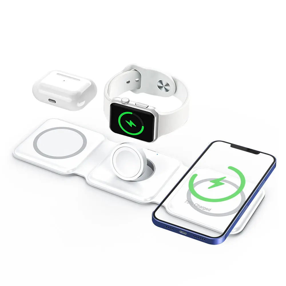 3‑in‑1 foldable magnetic wireless charger charging iPhone, Apple Watch and AirPods at the same time, white portable charging pad