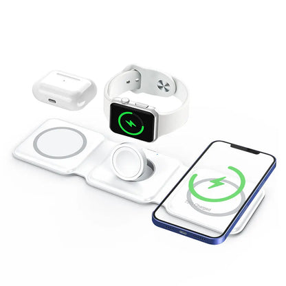 3‑in‑1 foldable magnetic wireless charger charging iPhone, Apple Watch and AirPods at the same time, white portable charging pad
