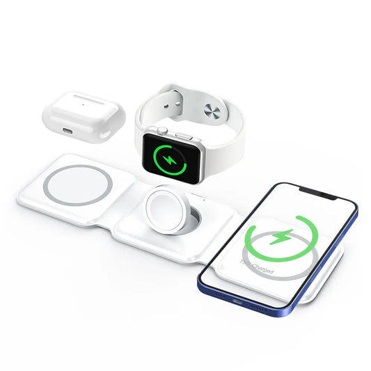 3‑in‑1 foldable magnetic wireless charger charging iPhone, Apple Watch and AirPods at the same time, white portable charging pad