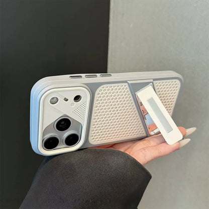 Close-up side view of cream and gray mesh Compatible With iPhone case, adjustable stand, raised camera protection, slim shockproof frame