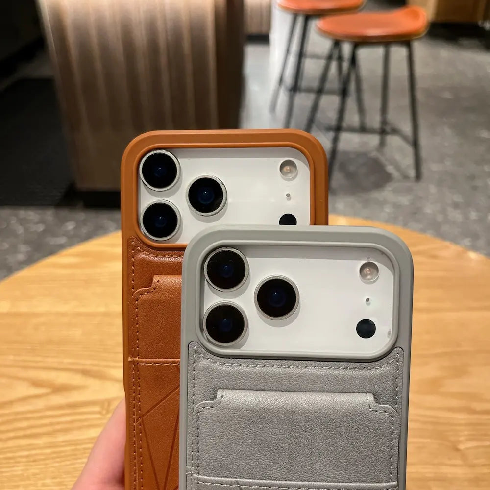 Close-up of brown & grey geometric leather wallet Phone cases, raised camera cutout and front flip card pocket detail