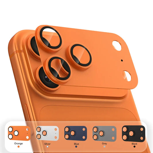 4‑color metal frame tempered glass camera lens protector, orange silver blue black full‑coverage lens cover