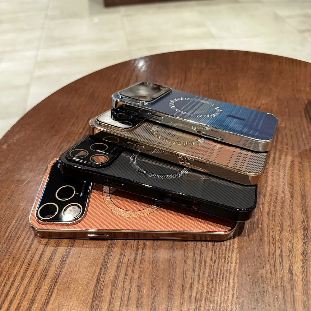 Side stack shot of 4 carbon fiber magnetic hard Phone cases, shiny electroplated metal edge, raised full glass camera lens frame, slim scratch-resistant magnetic case