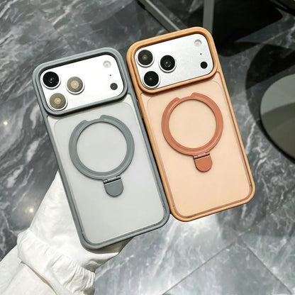 Grey and caramel‑colored frosted phone cover with integrated metal ring stand