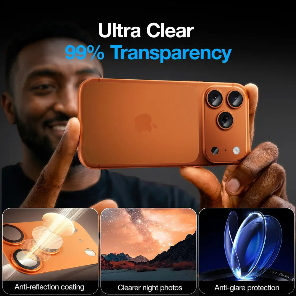 99% transmittance anti‑glare camera lens protector, high‑clear night shooting tempered‑glass cover for iPhone