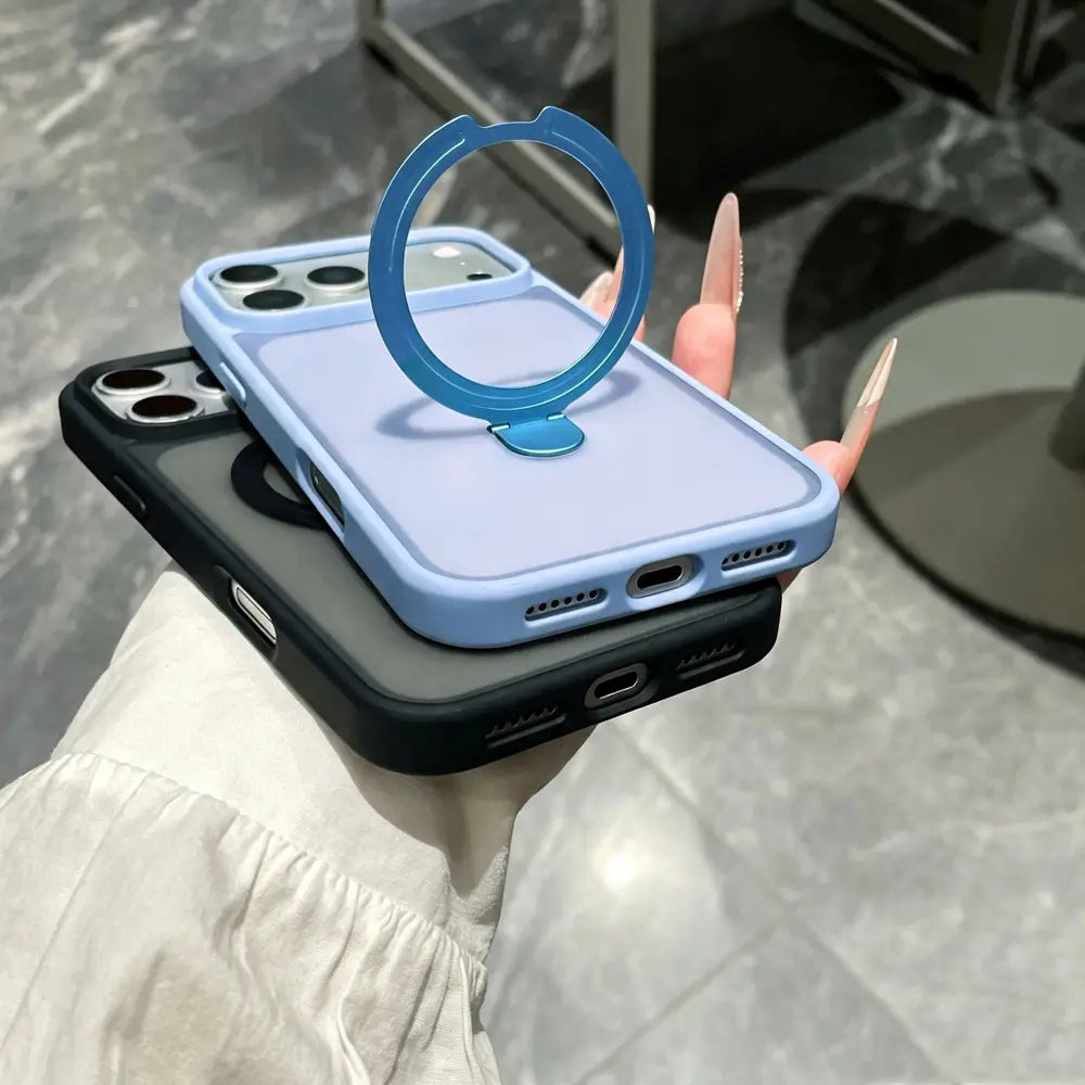 Light‑blue magnetic phone case, opened metal ring kickstand close‑up view