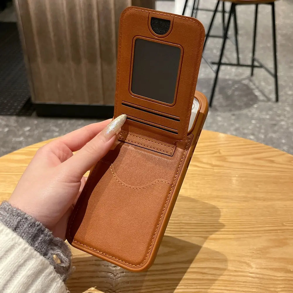 Hand open brown faux leather flip phone case, inner multi card slots, daily wallet style iPhone cover