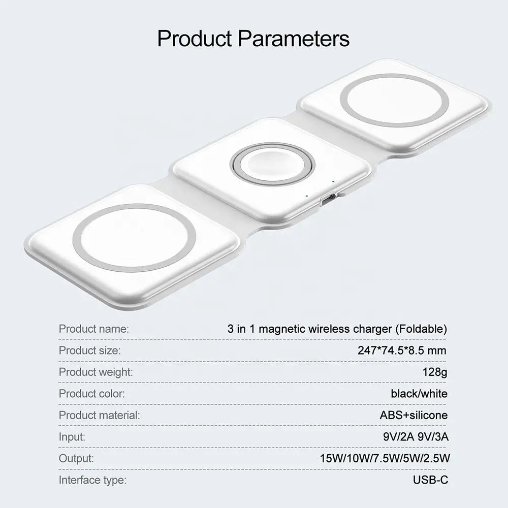 Product parameter diagram of white 3‑in1 foldable magnetic wireless charger, size weight material power specification details