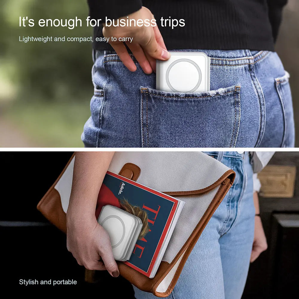 Lightweight fold‑up magnetic charger put into jeans pocket and hand‑bag, travel‑friendly portable charging accessory for business travel