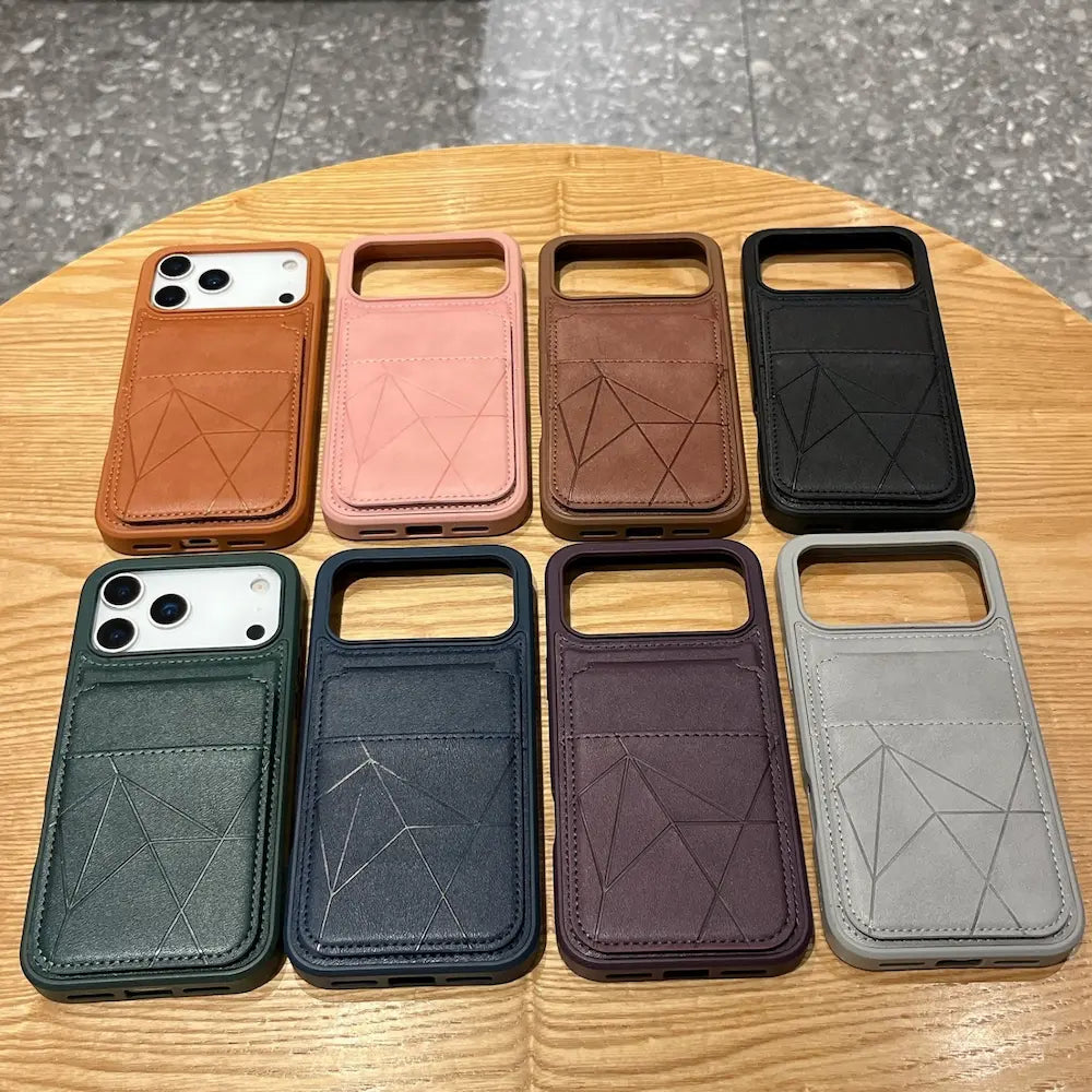 8-color geometric faux leather wallet Phone cases laid flat, multi flip card slot design, neutral earth tone portable daily phone covers