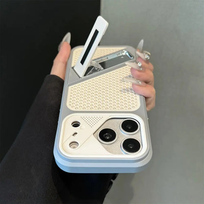 Gray color case with stand propped up, hands-free viewing angle, breathable perforated back panel, stable holder design