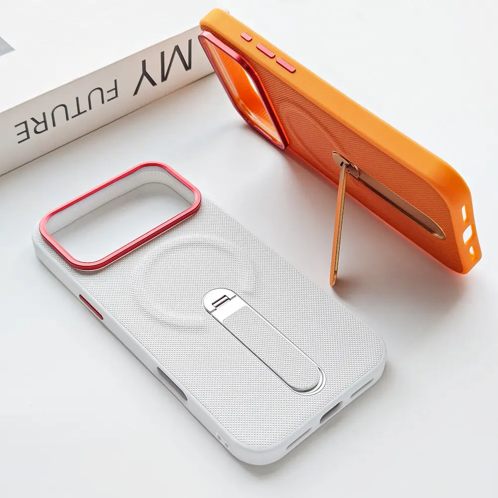 Orange fabric magnetic case propped up by hidden foldable metal stand, hands-free horizontal viewing design, anti-slip diamond grain texture