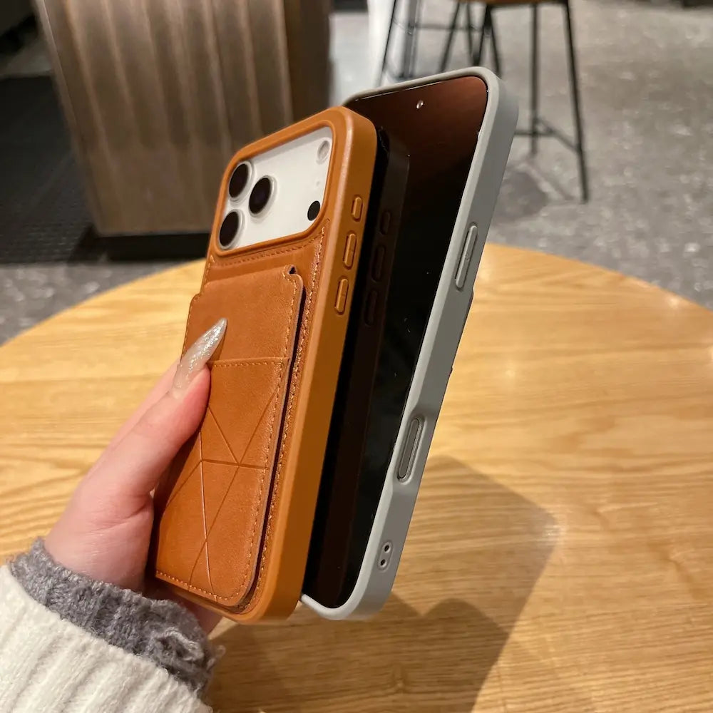 Hand holding two slim faux leather card holder Phone cases side by side, lightweight portable daily protective case