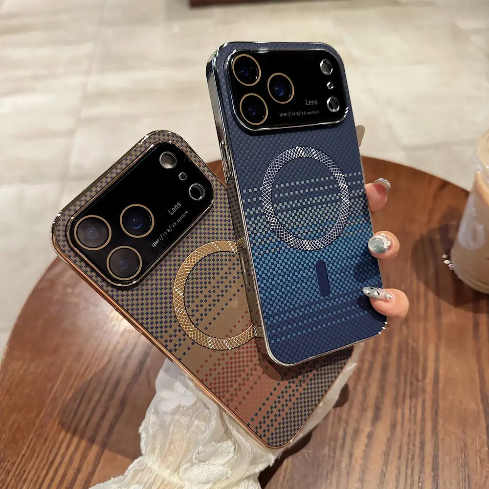 Hand holding two electroplated carbon fiber magnetic Phone cases stacked, plaid carbon texture, large integrated glass camera protector, luxury gradient color plating hard phone cover