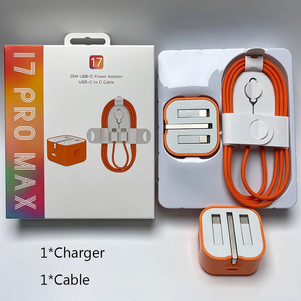 Opened retail box 35W USB‑C charging set, foldable‑plug charger and woven usb‑c‑to‑c cable inside package