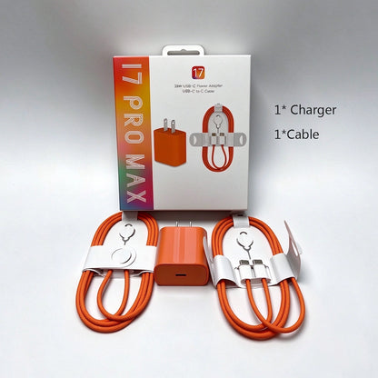 US plug 35W USB‑C charger kit, orange braided usb‑c‑to‑c cable with retail color box