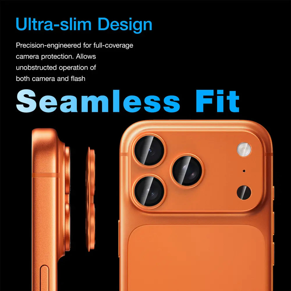 Ultra‑slim seamless‑fit metal camera lens shield, precise cutout design for iPhone camera and flash module