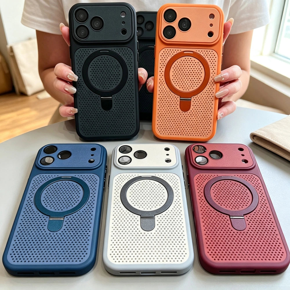Full color collection display of hollow mesh magnetic phone case with ring kickstand