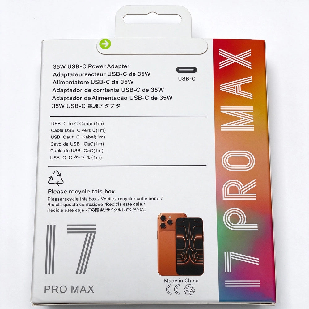 back side of 35W USB‑C charger retail box packaging label detail
