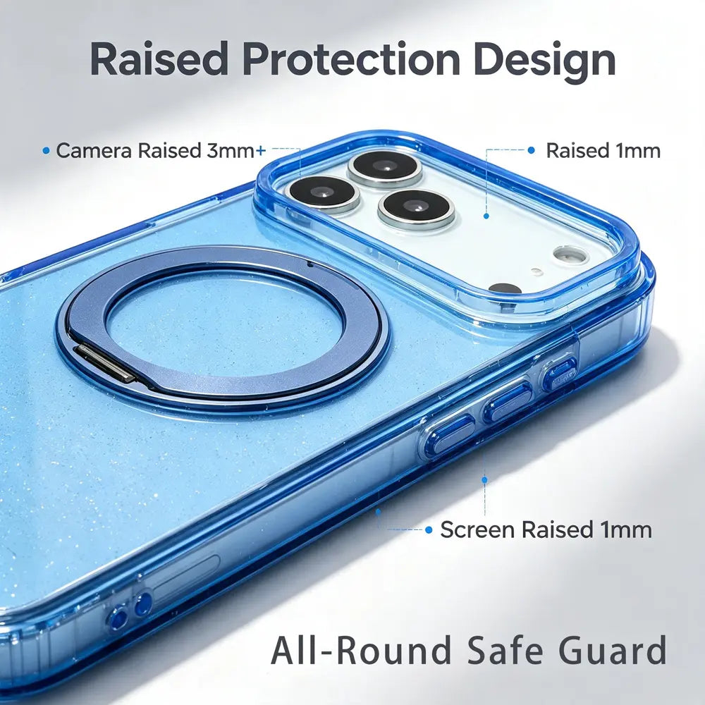 Close‑up view of translucent sparkly phone cover, raised 3mm camera lip and 1mm screen bumper protection structure