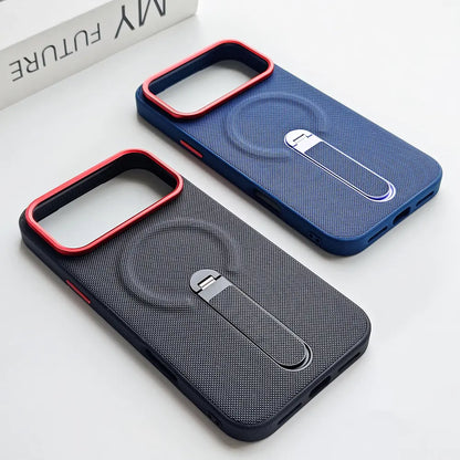 Navy blue and black woven fabric magnetic phone case for iPhone, built-in retractable stand, contrast red camera bezel anti-drop case