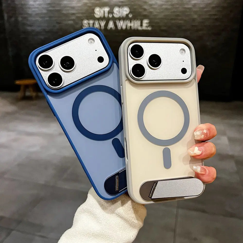 Blue and white frosted magnetic phone cover close‑up view