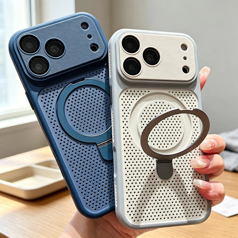 Navy blue and off-white honeycomb cooling magnetic phone case with camera protective window